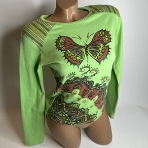 Vintage Rare Miss Sixty M Green Butterfly Glitter Graphic Y2K Top Made In Italy